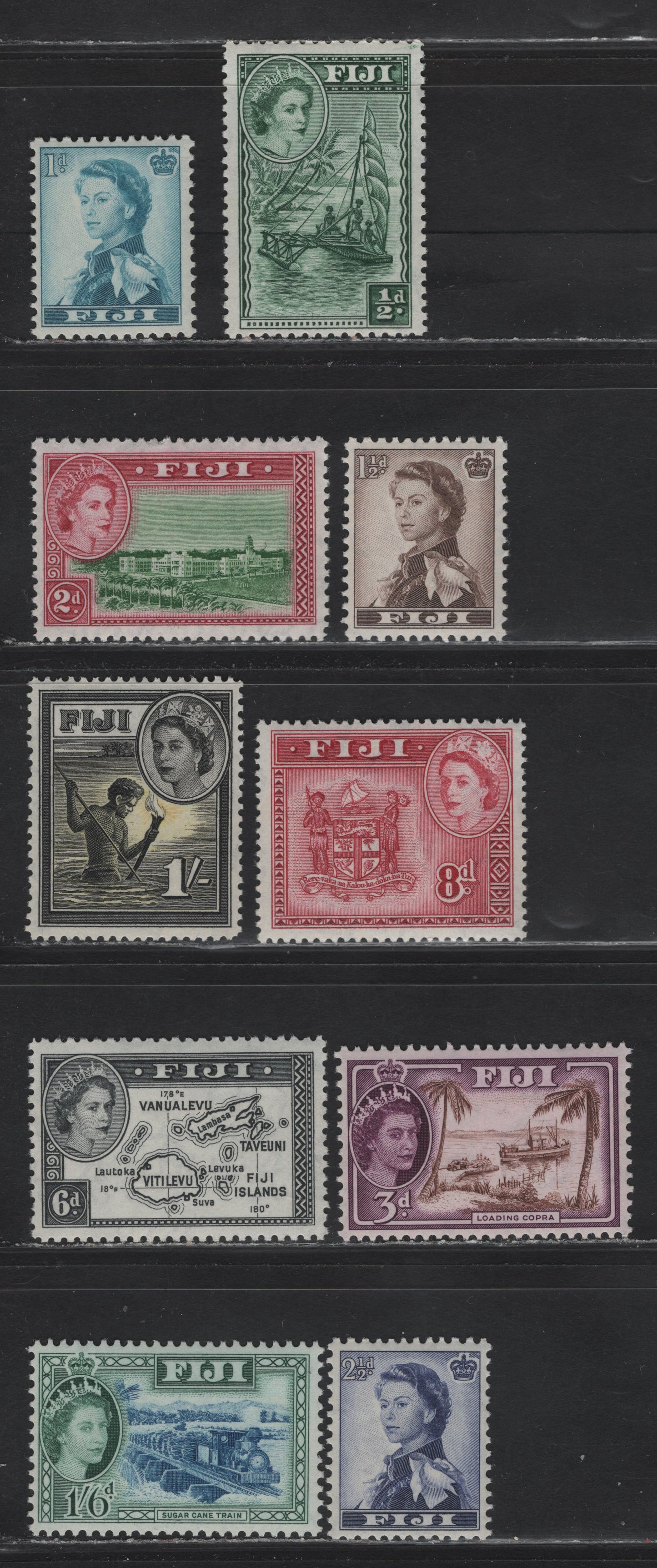 Lot 259 Fiji (C) SG#280-289 1/2d - 1/- Myrtle Green - Black & Yellow Queen Elizabeth II, 1954-1959 Q E II Pictorial Issue, 10 F/VFNH Singles, Script CA Wmk, Very Minor Gum Toning