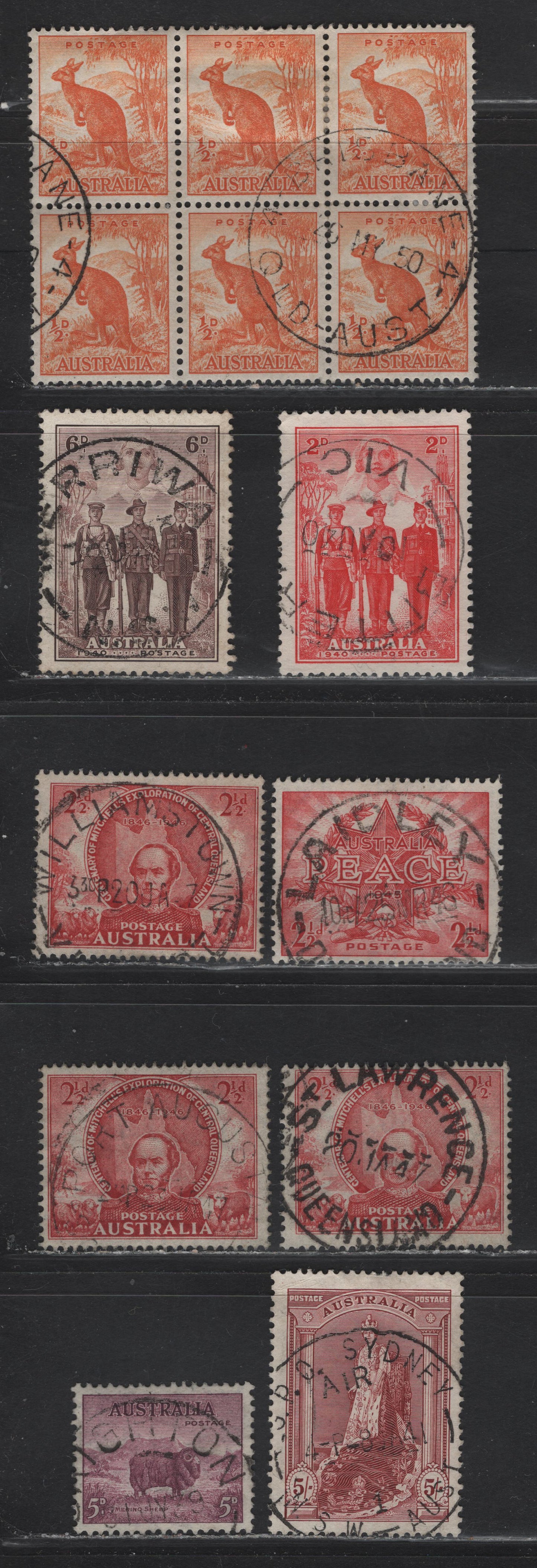 Lot 26 Australia (C)  SG#171, 176, 197, 199, 213, 216, 228 5d - 1/2d Purple - Orange Zoological, 1937-1949 Zoological Definitive Issue, 9 Fine/Very Fine Used Singles & Pane Of 6, Unwatermarked, SON Town Cancels