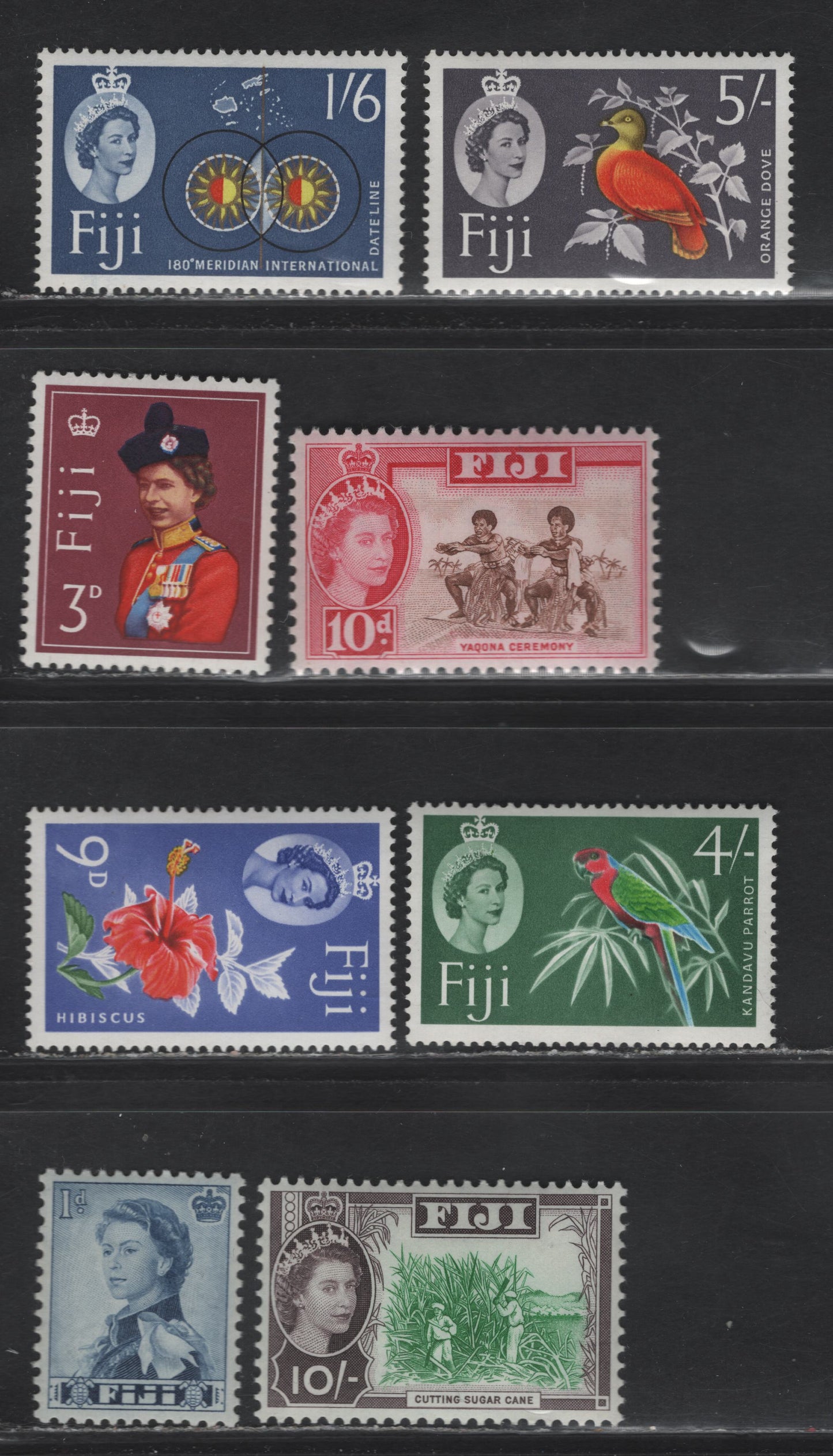 Lot 263 Fiji (C) SG#311, 313, 315-316, 318, 321, 323-324 1d - 10/- Deep Ultramarine - Emerald & Deep Sepia Queen Elizabeth II - Cutting Sugar Cane, 1962-1967 QE II Pictorial Issue, 8 VFNH Singles, Block CA Wmk