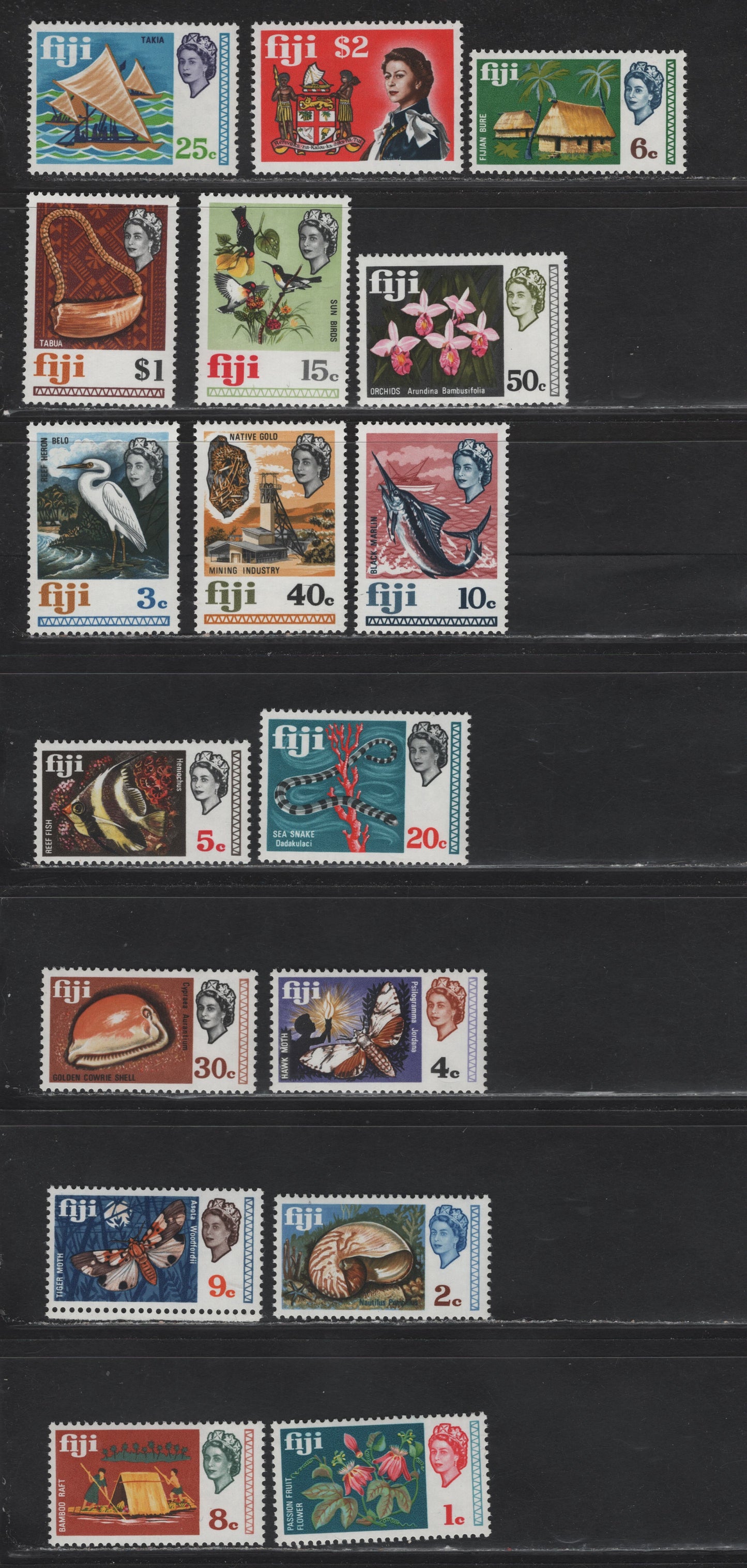 Lot 265 Fiji (C) SG#391-407 1c - $2 Multicolored Passion Flowers - Queen Elizabeth & Arms of Fiji, 1969-1970 Decimal Currency Definitives, 17 VFNH Singles