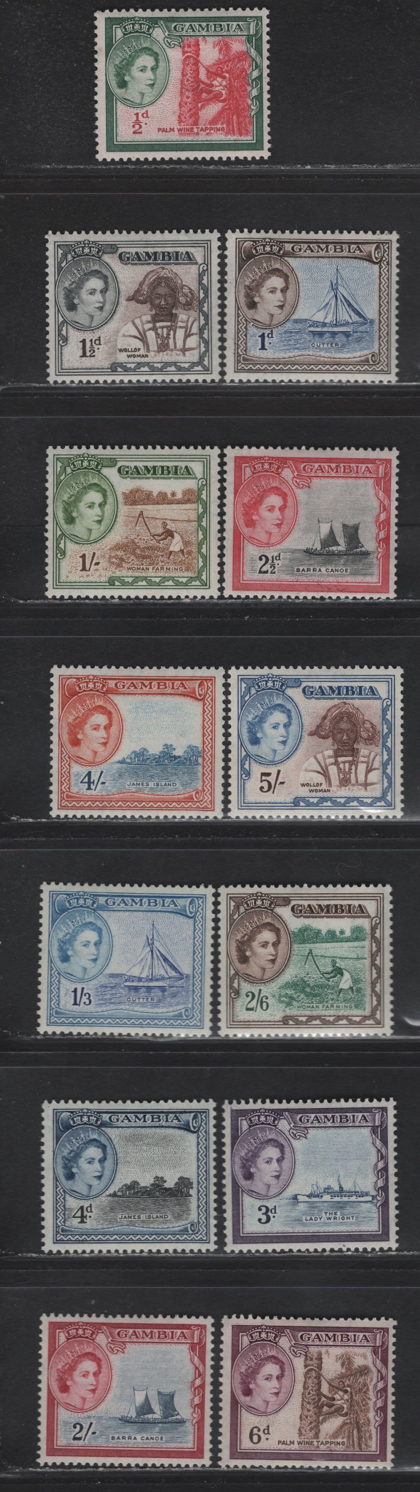 Lot 266 Gambia (C) SG#171-183 1/2d - 5/- Carmine Red & Bluish Green - Chocolate & Bright Blue Tapping For Palm Wine - Wollof Woman, 1953-1959 Pictorial Definitives, 13 VFOG/NH Singles, Values From 1/3 to 5/- Are NH, Rest Are LH