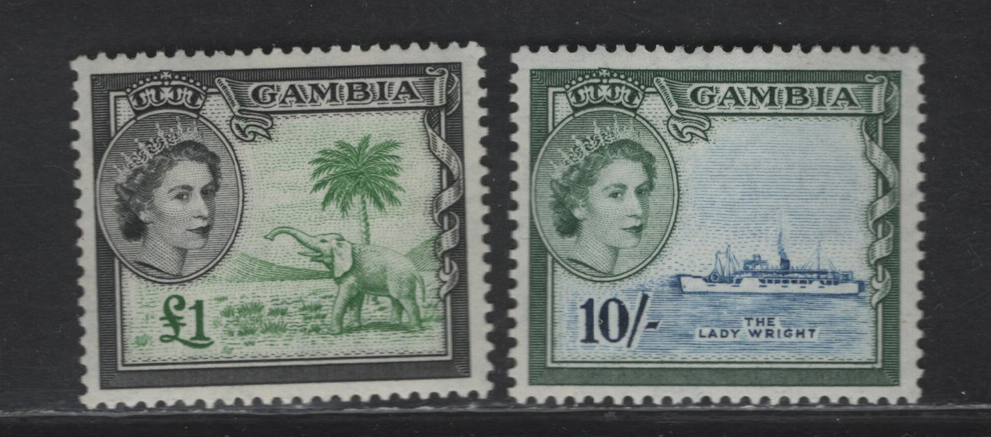 Lot 267 Gambia (C) SG#184-185 10/- - £1 Deep Blue & Myrtle Green - Green & Black S.S. Lady Wright - Elephant & Palm, 1953-1959 Pictorial Definitives, 2 VFNH Singles