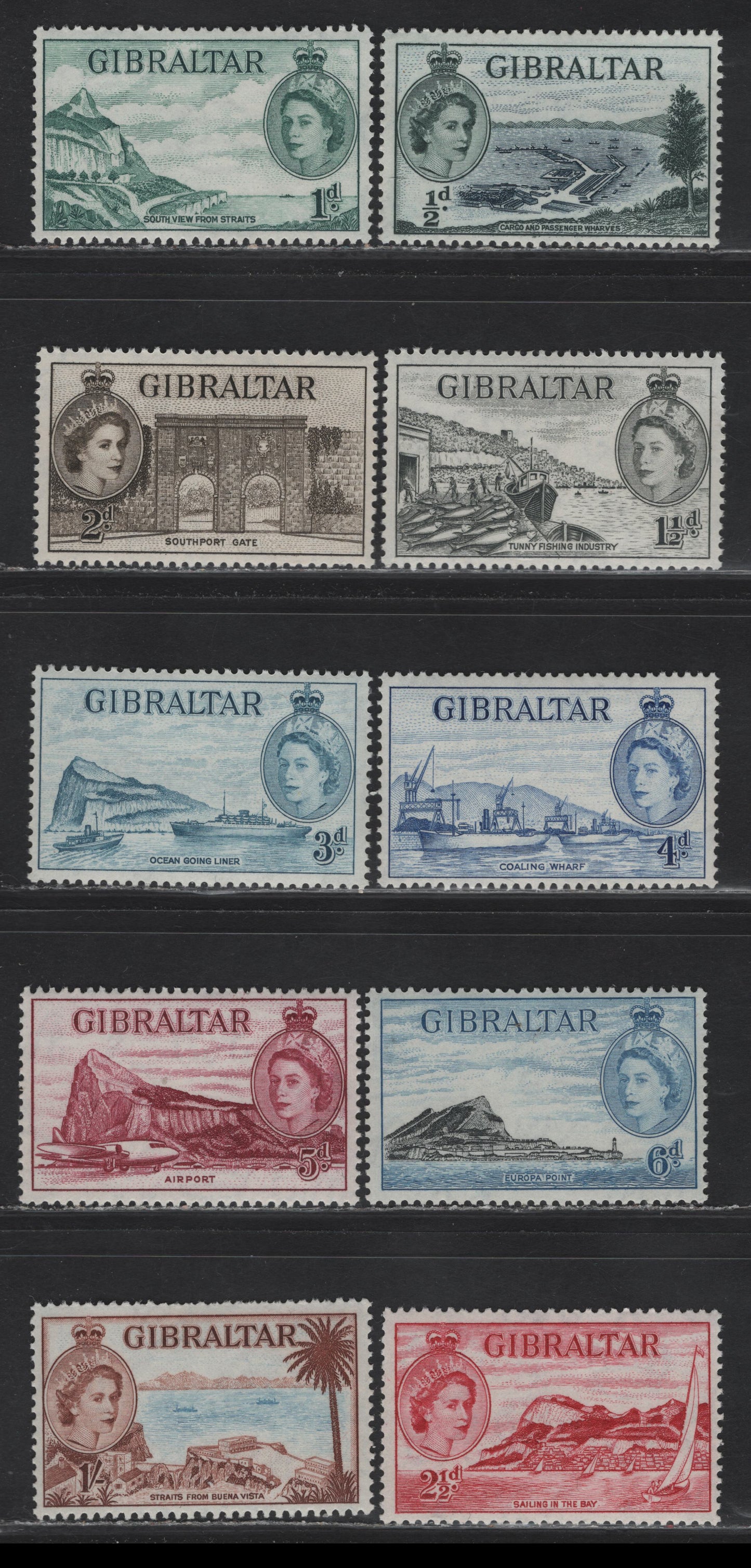 Lot 271 Gibraltar (C)  SG145-147, 149, 150-154 1/2d Indigo & Grey Green - 1/- Pale Blue & Red Brown, 1953-1959 Pictorial Definitives, 10 F&VF NH Singles
