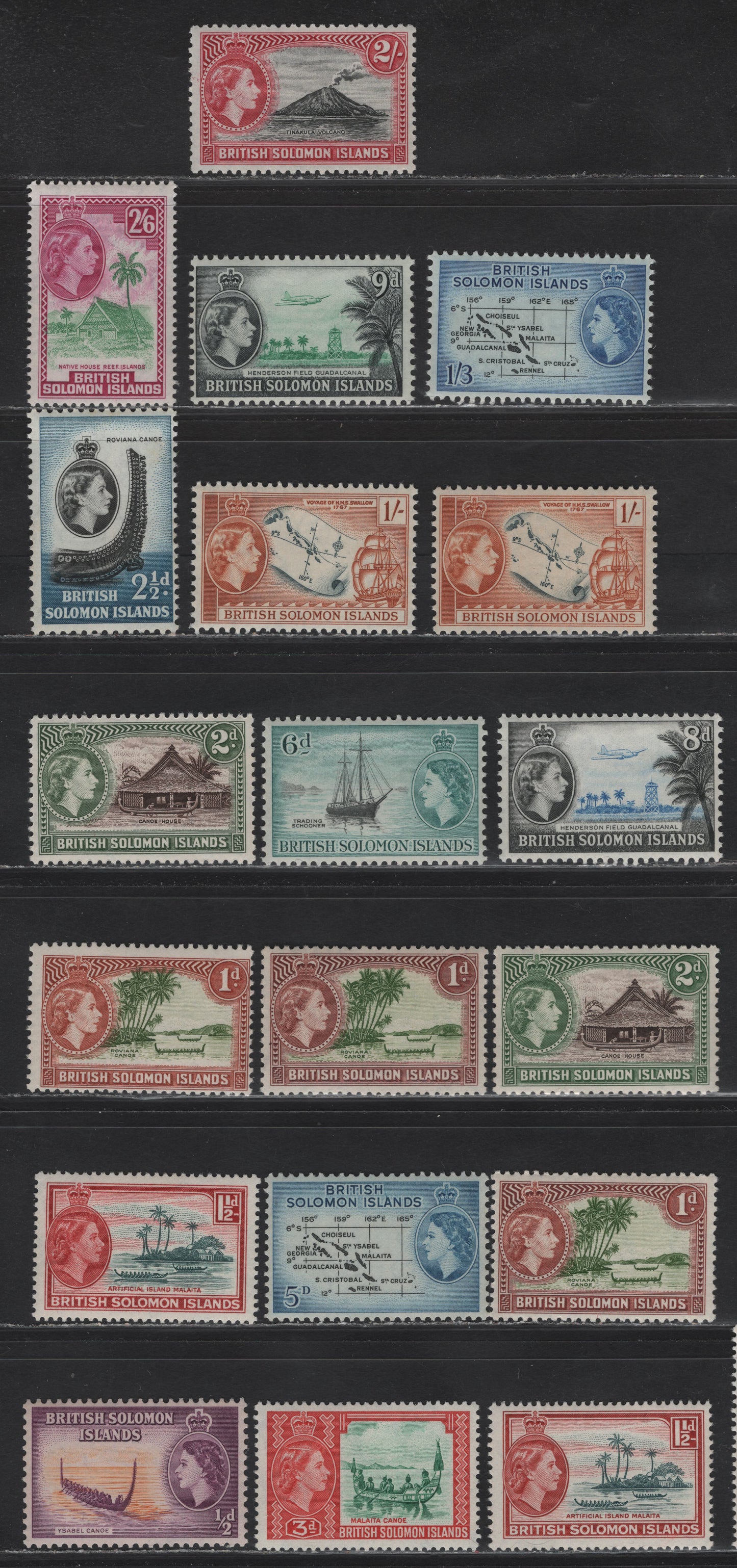 Lot 276 British Solomon Islands (C) SG#82-92, 93a, 91a, 84a 1/2d Orange & Purple - 2/6d Emerald & Reddish Purple, 1953-1962 Pictorial Definitives, 19 F&VF NH Singles Includes Both Listed Shades Of 1 1/2d & 1/-