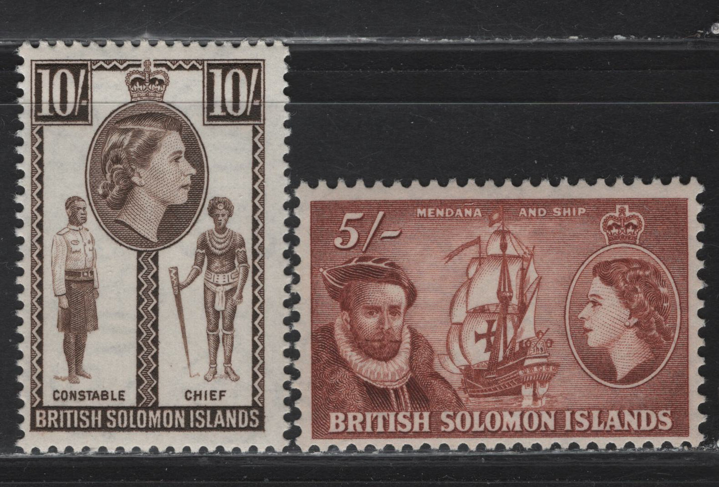 Lot 277 British Solomon Islands (C) SG#94-95 5/- Red Brown & 10/- Sepia, 1953-1962 Pictorial Definitives, 2 FNH Singles