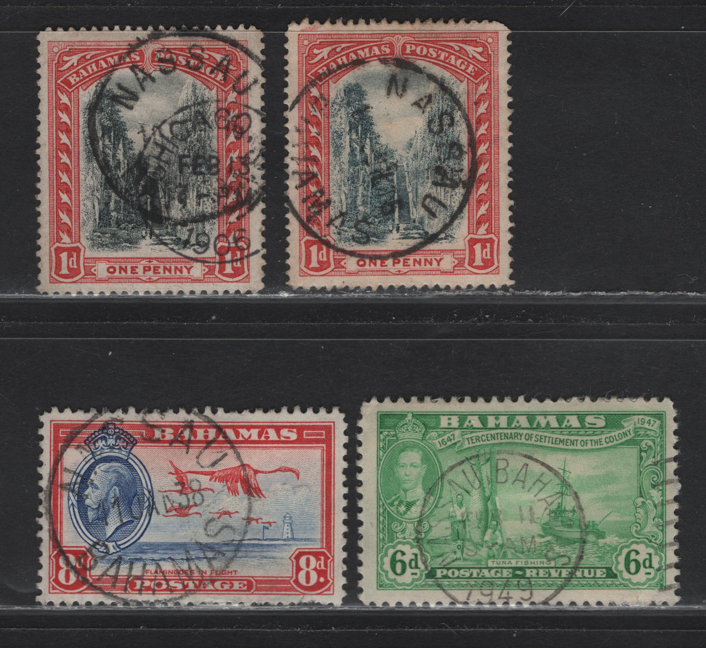 Lot 28 Bahamas (C)  SG#58, 75, 145, 185 1d - 6d Black & Red - Emerald Queens Staircase - Elutheran, 1901-1948 Queens Staircase - Elutheran Issues, 4 Fine/Very Fine Used Singles, SON Nassau Cancels