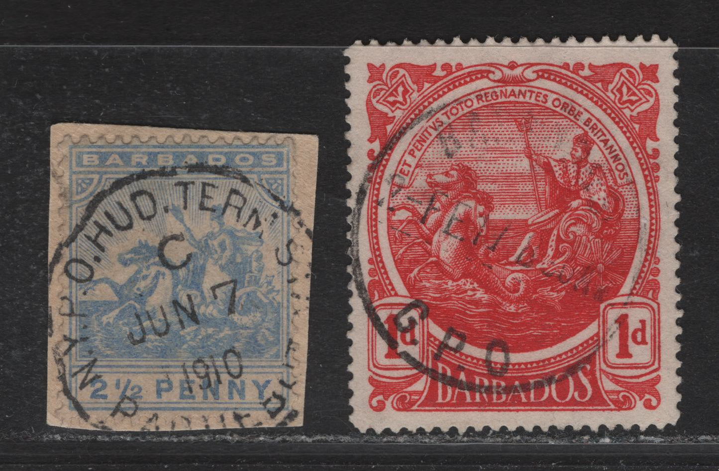 Lot 29 Barbados (C)  SG#139, 183 2.5d - 1d Blue - Deep Red Colonial Badge, 1905-1919 Colonial Badge Issue, 2 Fine/Very Fine Used Singles, Multiple Crown CA Wmks, SON Barbados GPO & New York Hudson Term Station Cancels