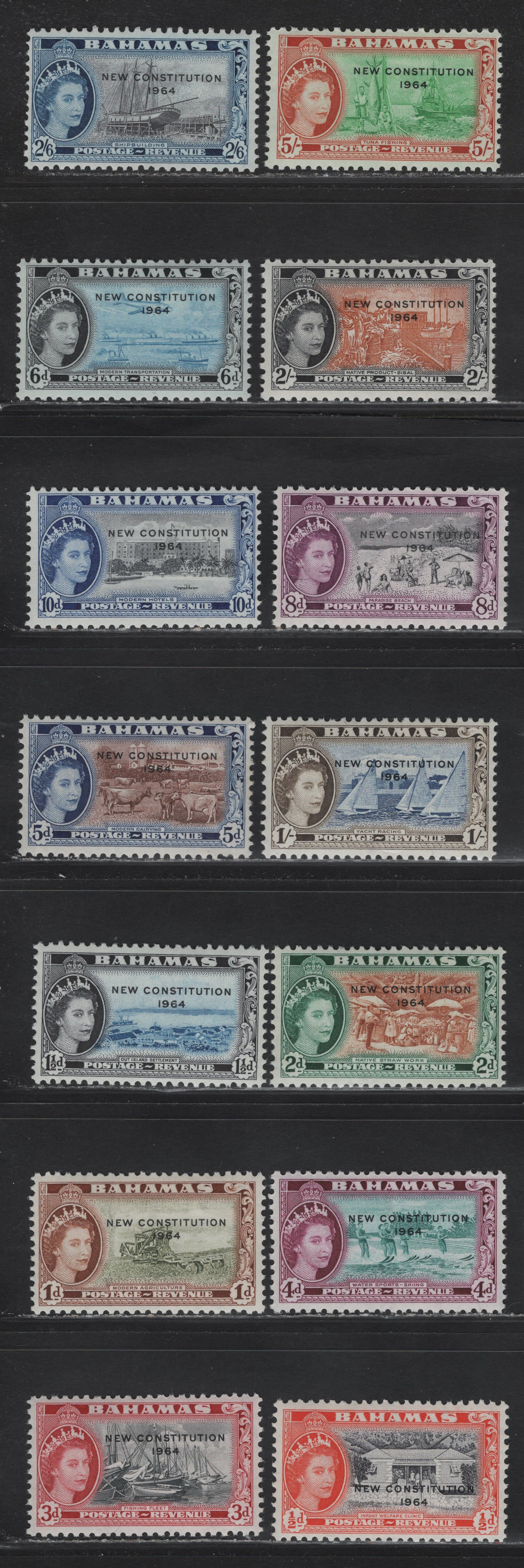 Lot 291 Bahamas (C) SG#228-243 1/2d Black & Red Orange - 5/- Bright Emerald & Orange, 1964 New Constitution Overprints, 14 F&VF NH Singles