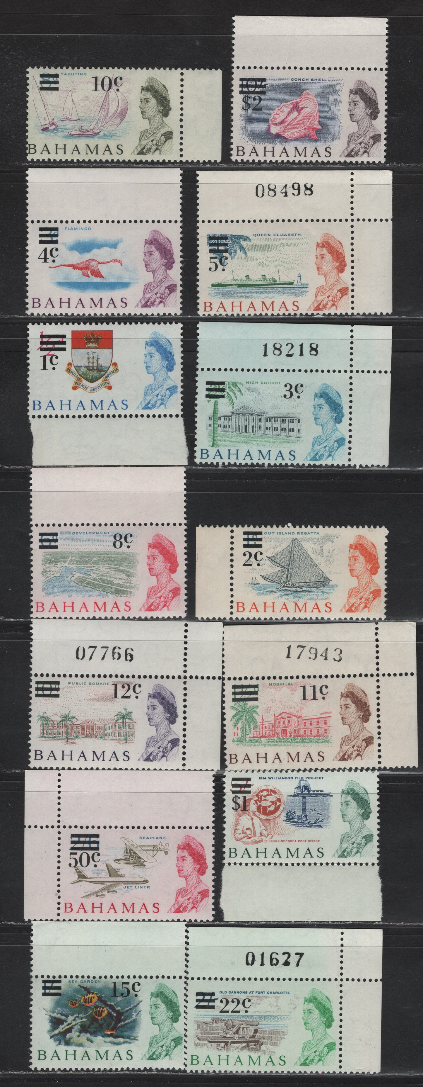 Lot 293 Bahamas (C) SG#273-286 1c on 1/2d - $2 on 10/- Multicolored , 1966 Deciman Currency Surcharged Issue, 14 VFNH Singles