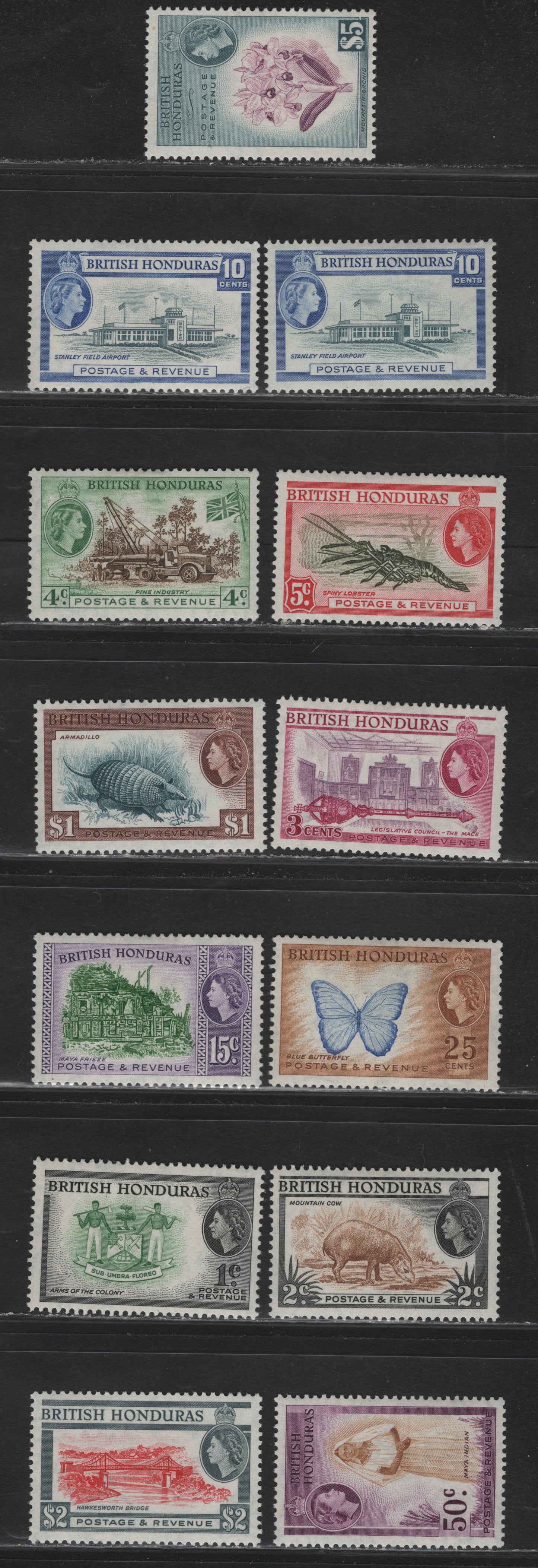Lot 302 British Honduras (C) SG#179-190 1c Green & Black - $5 Purple & Slate, 1953-1962 Pictorial Definitives, 13 VF OG & NH Singles