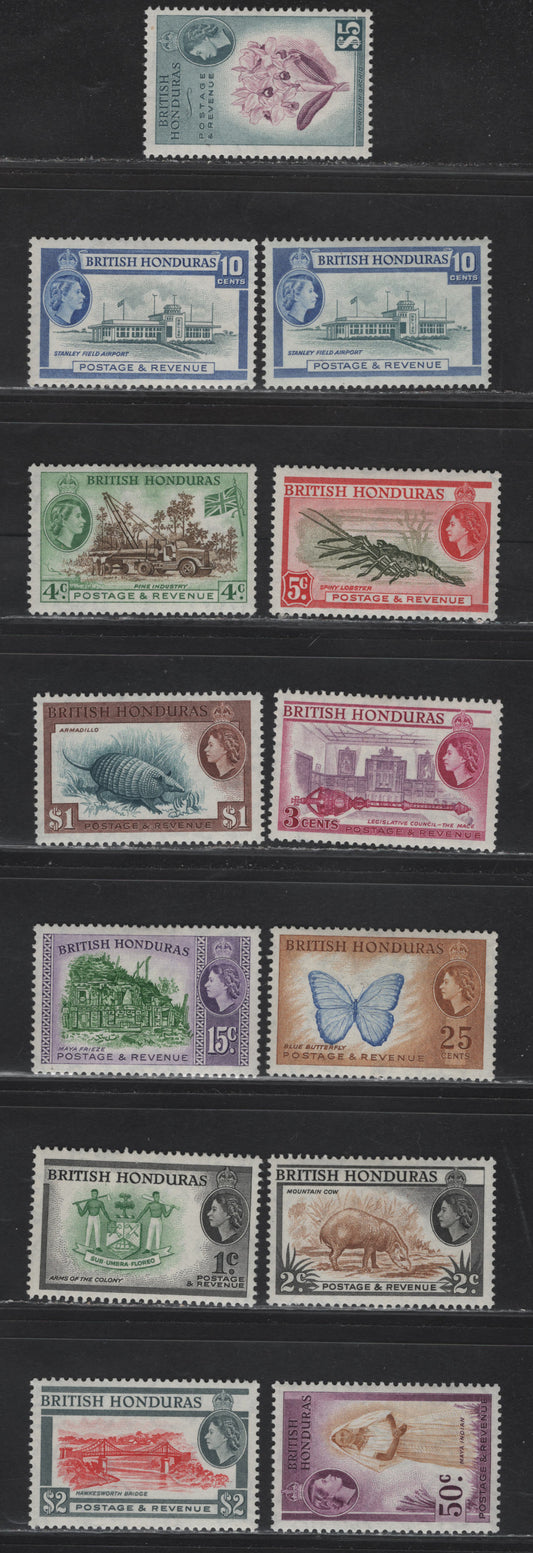 Lot 302 British Honduras (C) SG#179-190 1c Green & Black - $5 Purple & Slate, 1953-1962 Pictorial Definitives, 13 VF OG & NH Singles