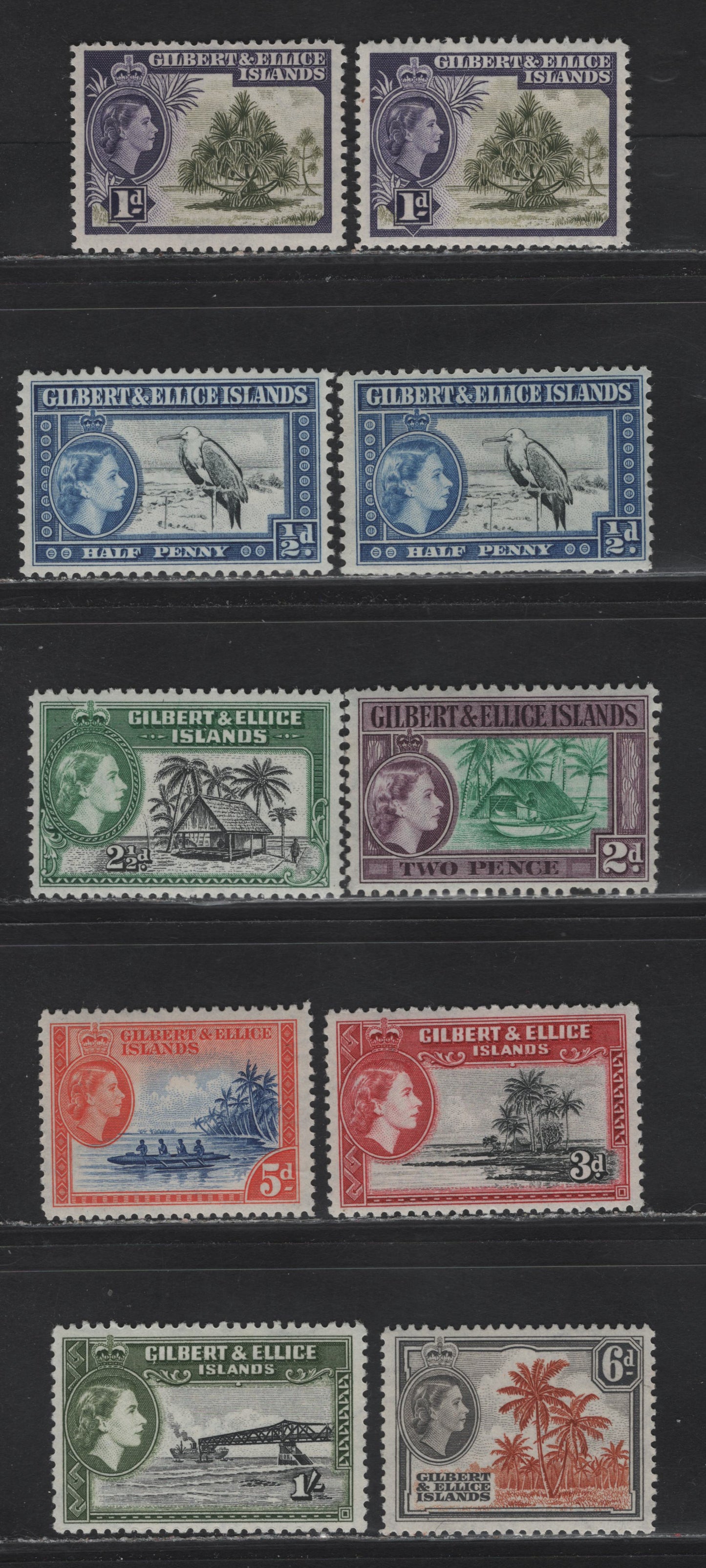 Lot 305 Gilbert & Ellice Islands (C) SG#64-71 1/2d - 1/- Black & Deep Bright Blue - Black & Bronze Green , 1956-1962 Pictorial Issue, 10 F/VFNH Singles