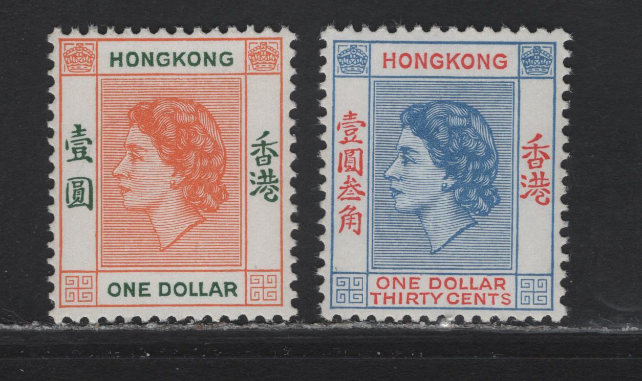 Lot 307 Hong Kong (C) SG#187, 188b $1 - $1.30 Orange & Green - Bright Blue & Red Queen Elizabeth II, 1954-1962 QE II Keyplate Issue, 2 VFNH Singles