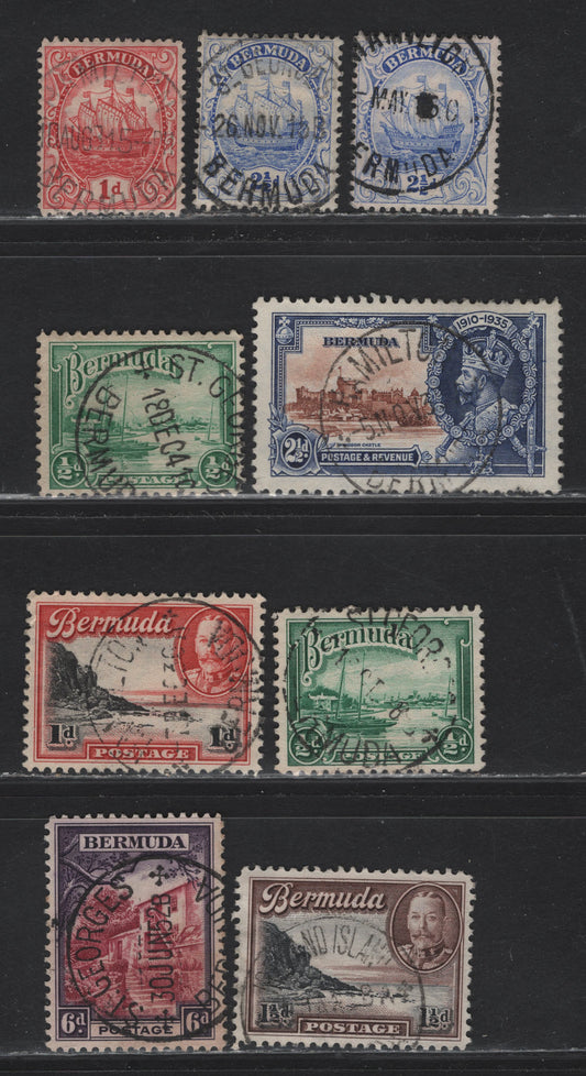 Lot 31 Bermuda SG#48, 79, 96, 98-100, 104 2.5d - 6d Ultramarine - Carmine Lake & Violet Caravel - King George V, 1910-1936 Caravel - KGV Pictorial Issues, 9 Fine/Very Fine Used Singles, SON Hamilton, St Georges & Ireland Island, Bermuda Cancels