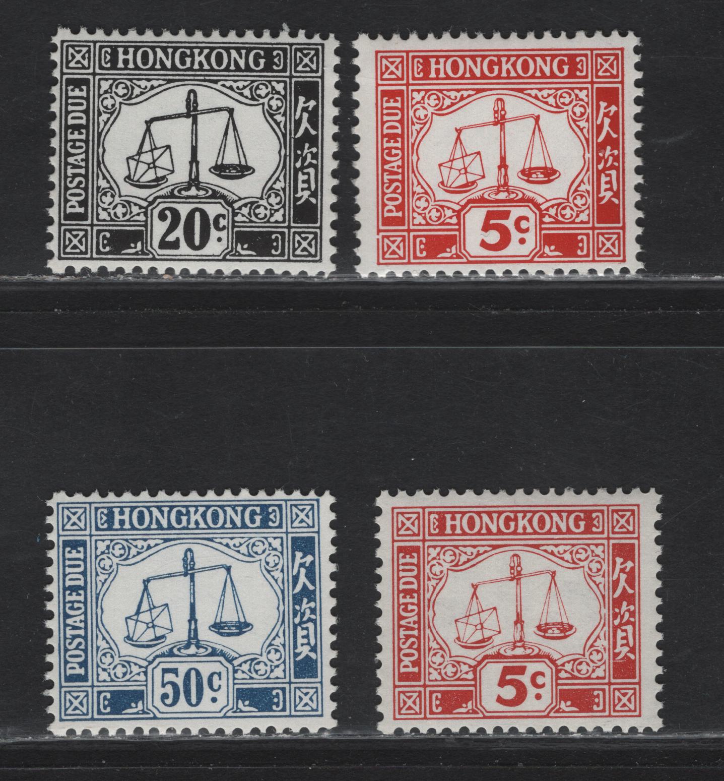 Lot 315 Hong Kong (C) SG#D14, D16, D17a, D18 5c - 50c Red - Blue Scales, 1965-1973 Postage Dues, 4 F/VFNH SIngles, Sideways & Upright Block CA Wmk