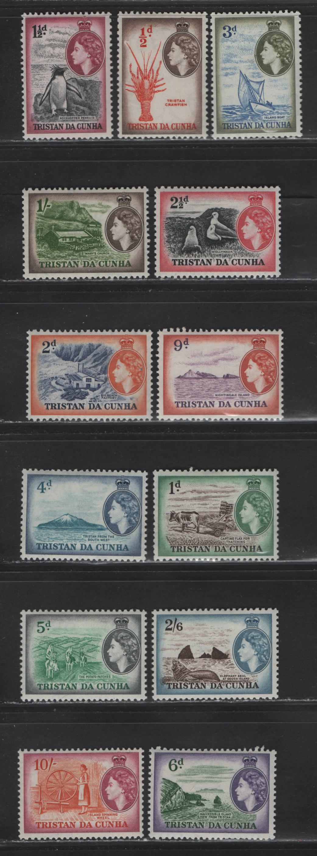Lot 328 Tristan da Cunha (C) SG#14-25, 27 1/2d - 10/- Red & Deep Brown - Brown Orange & Purple , 1954 Pictorial Definitive Issue, 13 F/VFNH/OG Singles, 1/2d, 10/-, 3d, 5d and 2/6 Are NH, Rest Are Hinged