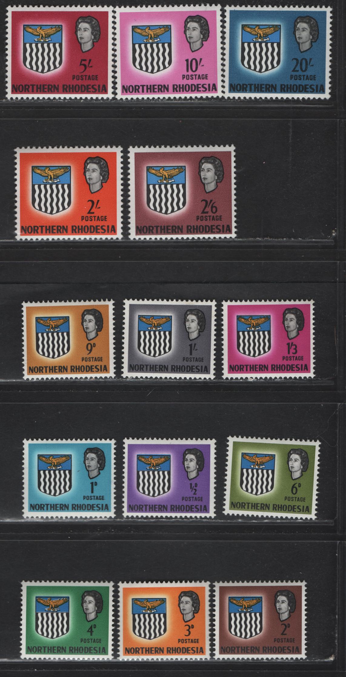 Lot 338 Northern Rhodesia (C) SG#75-88 1/2d - 20/- Bright Violet & Multicolored - Blue & Multicolored , 1963 Arms Definitive Issue, 14 VFNH Singles