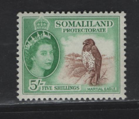 Lot 364 Somaliland Protectorate (C)  SG#147 5/- Red Brown & Emerald Martial Eagle, 1953-1958 Pictorial Definitives, A VFNH Single