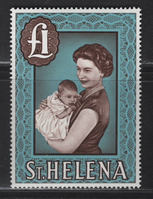 Lot 370 St. Helena (C)  SG#189a One Pound Chocolate & Light Blue Queen Elizabeth II & Prince Andrew, 1965-1965 Flora & Fauna Queen Elizabeth II Definitives, A VFNH Single On Chalk-Surfaced Paper