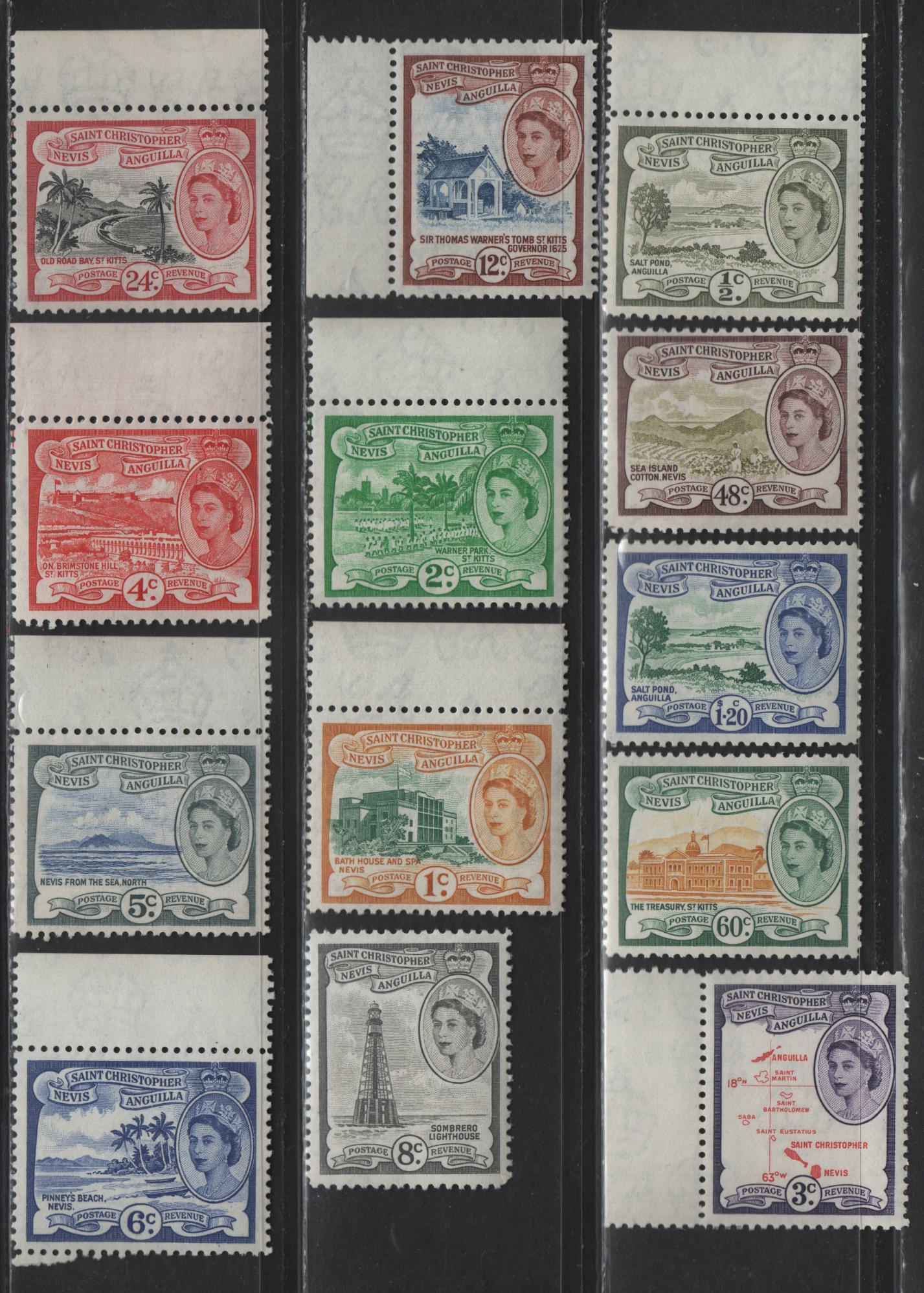 Lot 371 St. Kitts Nevis (C)  SG#106a-117b 1/2c-$1.20 Deep Olive - Deep Green & Ultramarine Salt Pond, Anguilla , 1954-1963 Pictorial Definitives, 13 Fine & VFNH Singles Includes The Deep Violet Shade On The 3c