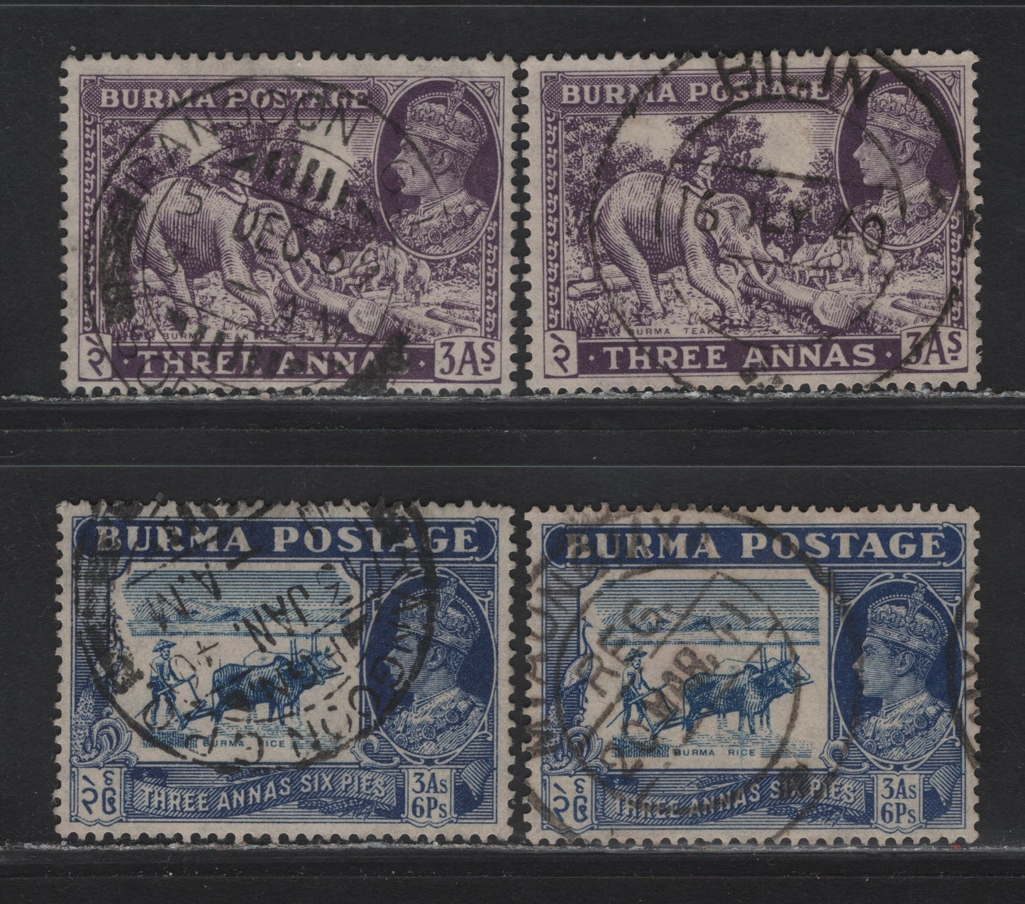 Lot 39 Burma SG#26-27 3a - 3a6p Violet - Light Blue & Blue King George VI, 1938-1940 KGVI Definitive Issue, 4 Very Fine Used Singles, Son Rangood, Bilin & Miaungiay CDS Cancels