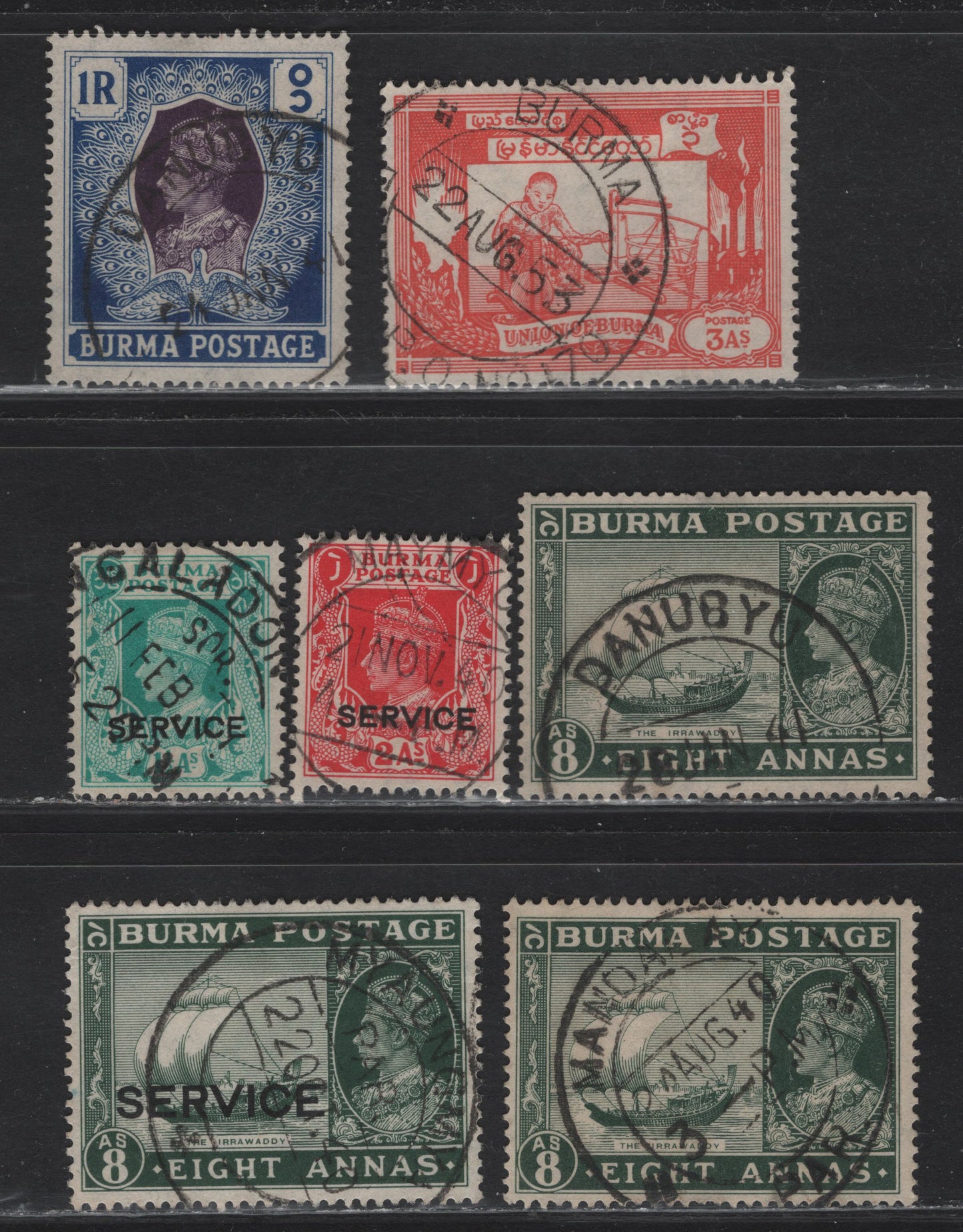 Lot 40 Burma SG#29-30, O23, O19, O20, SC#128 8a - 3a Deep Gray Green - Light Rose King George VI, 1938-1953 KGVI Pictorial Issues, 7 Fine/Very Fine Used Singles, SON Mondalay Bay, Myaungmya, Danubyu, …ngaladon & Magmy