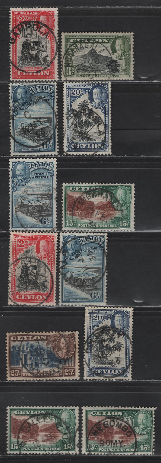 Lot 44 Ceylon (C) SG#368-670, 373-375 2c - 25c Black & Carmine - Deep Blue & Chocolate King George V, 1935-1936 KGV Pictorial Issue, 12 Fine/Very Fine Used Singles, SON Smaller Town Cancels