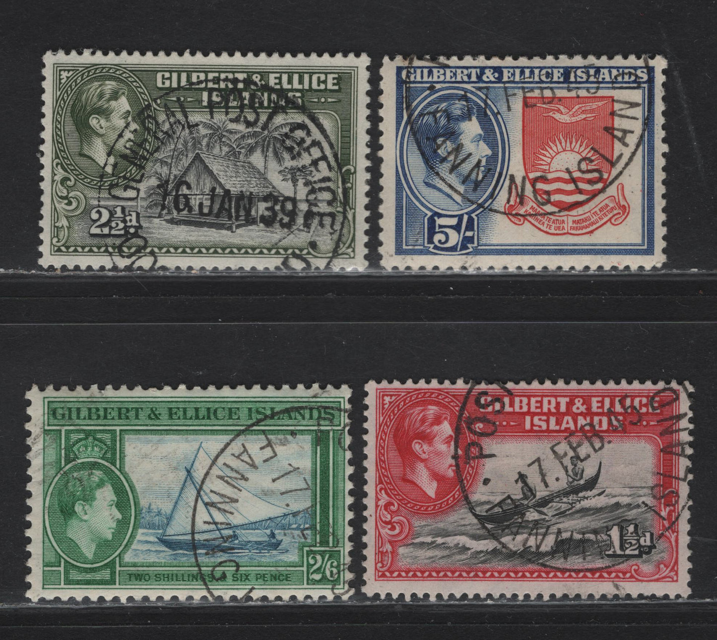 Lot 51 Gilbert & Ellice Islands (C) SG#45, 47, 53-54 1.5d - 5/-  King George VI, 1939-1955 KGVI Pictorial Definitive Issue, 4 Fine/Very Fine Used Singles, SON & Partial Srikes Of January 16 1939 GPO & Feb 17 1945 Fanning Island Cancels
