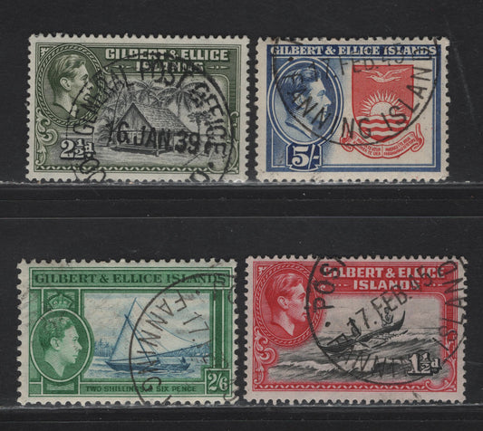 Lot 51 Gilbert & Ellice Islands (C) SG#45, 47, 53-54 1.5d - 5/-  King George VI, 1939-1955 KGVI Pictorial Definitive Issue, 4 Fine/Very Fine Used Singles, SON & Partial Srikes Of January 16 1939 GPO & Feb 17 1945 Fanning Island Cancels