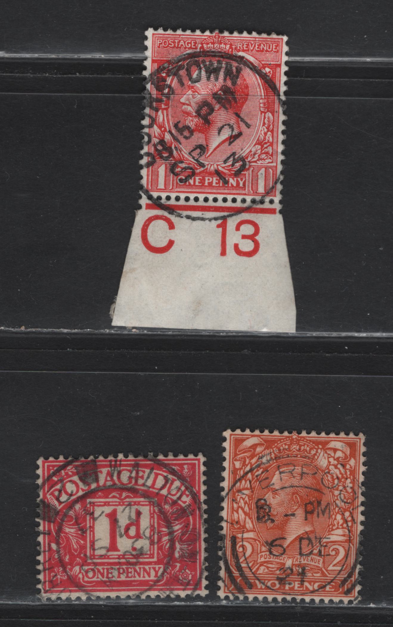 Lot 53 Great Britain (C) SG#357, 368, D11 1d - 2d Scarlet - Orange King George V - Numeral, 1913-1931 KGV Profile Head - Postage Dues, 3 Very Fine Used Singles, Royal Cypher &Block Cypher Wmks, SON Cookstown, Liverpool & Walton on Thames CDS Cancels