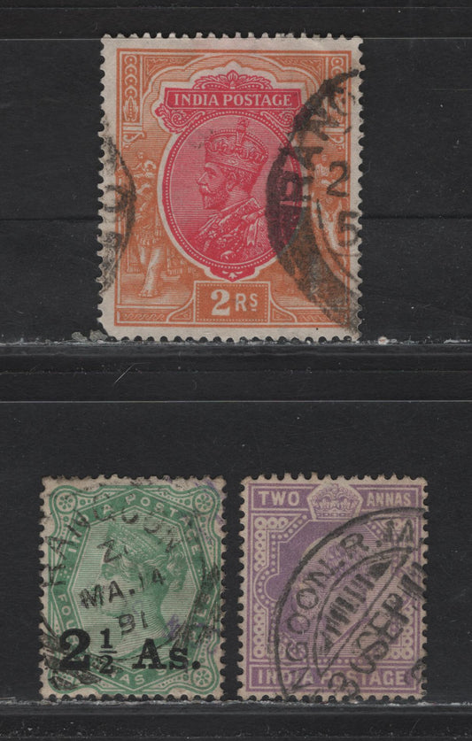 Lot 55 India (C) SG#102, 125, 215 2.5a on 4.5a - 2r Yellow Green - Carmine & Orange Surcharge - King George V, 1891-1933 Surcharged - KGV High Value Issues, 3 Fine/Very Fine Used Singles, Full or Partial Rangoon CDS Cancels or Squared Circle Cancels