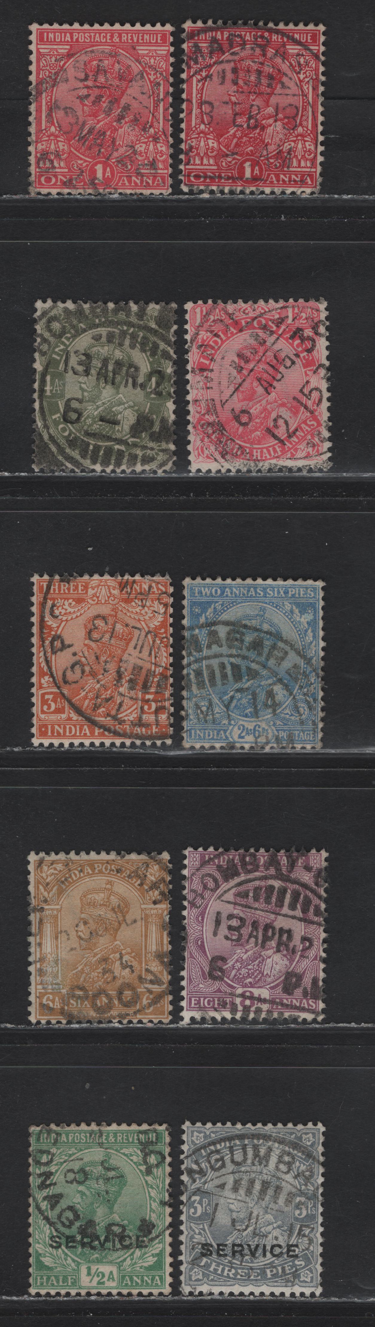 Lot 56 India (C) SG#O73, O76, 160-161, 198, 175, 177, 170,173, 180 3p - 8a Gray - Deep Mauve King George V, 1912-1926 KGV Keyplates Issue, 10 Very Good/Fine/Very Fine Used Singles, Full & Large Part Strikes Of Various Town Cancels