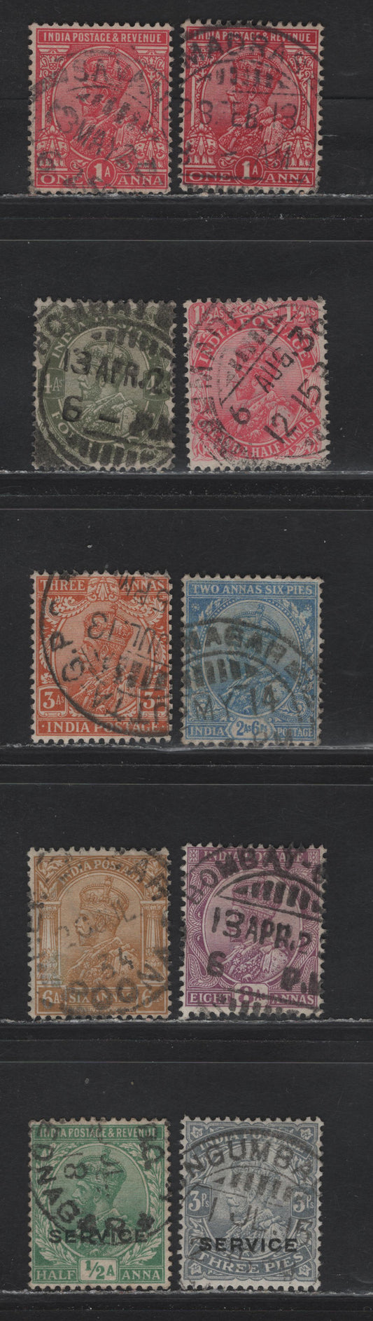 Lot 56 India (C) SG#O73, O76, 160-161, 198, 175, 177, 170,173, 180 3p - 8a Gray - Deep Mauve King George V, 1912-1926 KGV Keyplates Issue, 10 Very Good/Fine/Very Fine Used Singles, Full & Large Part Strikes Of Various Town Cancels