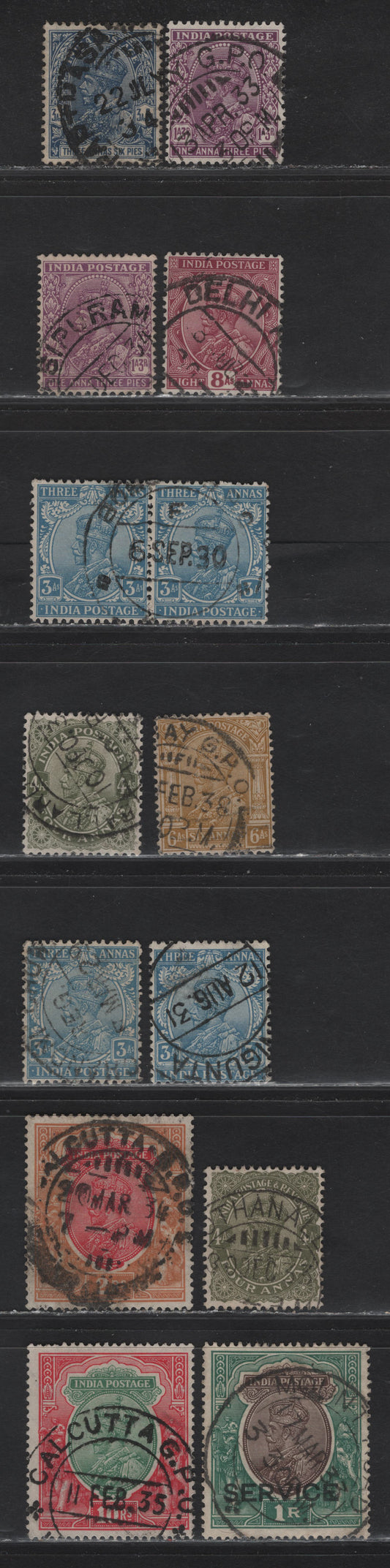 Lot 57 India (C) SG#209-212, 215, 217, 235, 238-239, O117 3a - 10r Blue - Green & Scarlet King George V, 1926-1933 KGV Keyplate Issue, 13 Fine/Very Fine Used Singles & Pair, Multiple Stars Wmk, Readable Partial Or Full CDS Cancels