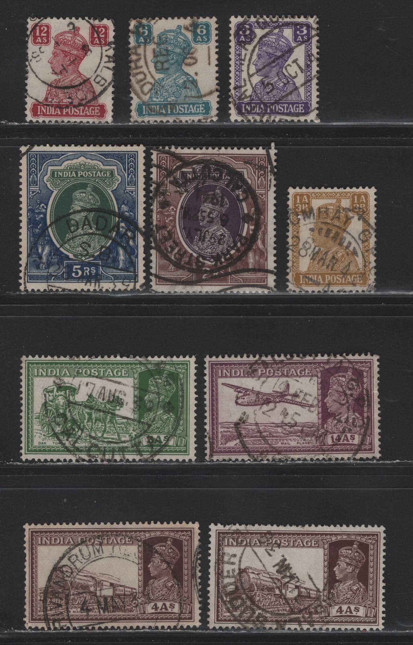 Lot 60 India (C) SG#253, 255, 260-261, 269, 271, 274, 276-277 3a - 14a Yellow Green - Purple King George VI, 1937-1943 KGVI Definitive Issues, 10 Fine/Very Fine Used Singles, Legible & Dated Cancels