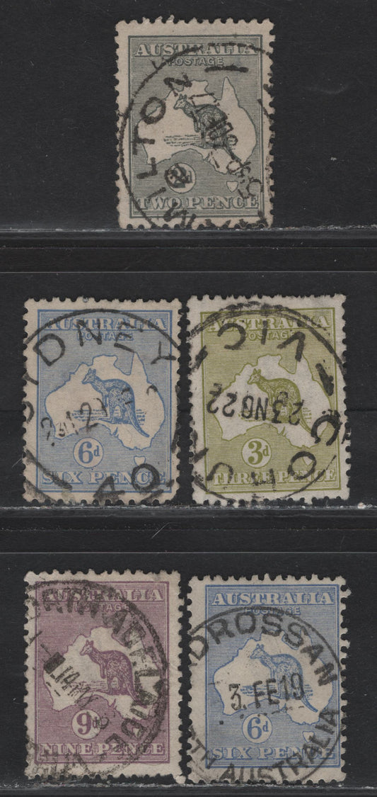 Lot 6 Australia (C)  SG#35, 37d, 38-39 2d - 9d Gray - Violet Kangaroo & Map, 1915-1927 Kangaroo & Map Issue, 5 Very Good/Fine Used Singles, 3rd Wmk, SON Cancels, All Die 2.