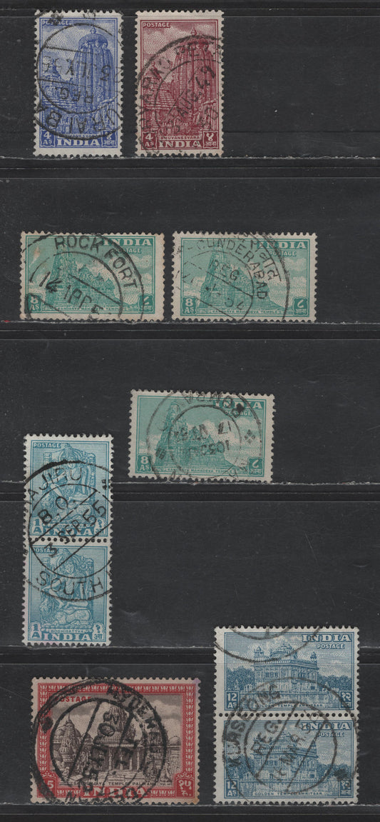 Lot 62 India (C) SG#316, 318-319, 324, 333,c 4a Lake - Bright Blue Pictorials, 1949-1950 Pictorial Definitives, 8 Very Good/Fine/Very Fine Used Singles & Pairs, Legible CDS Cancels