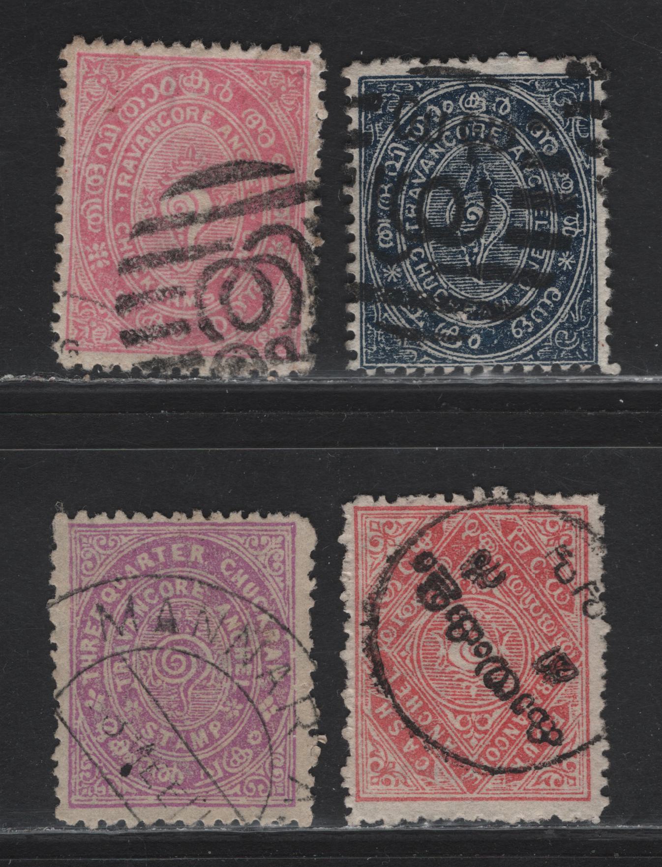 Lot 65 India - Travancore (C) SG#6f, 9, 7b, 39 4ca - 3/4ch Pink - Mauve Conch Shell, 1889-1939 Conch Shell Definitives, 4 Fine/Very Fine Used Singles, Pair & Strip of 3, Seldom Seen SON Cancels