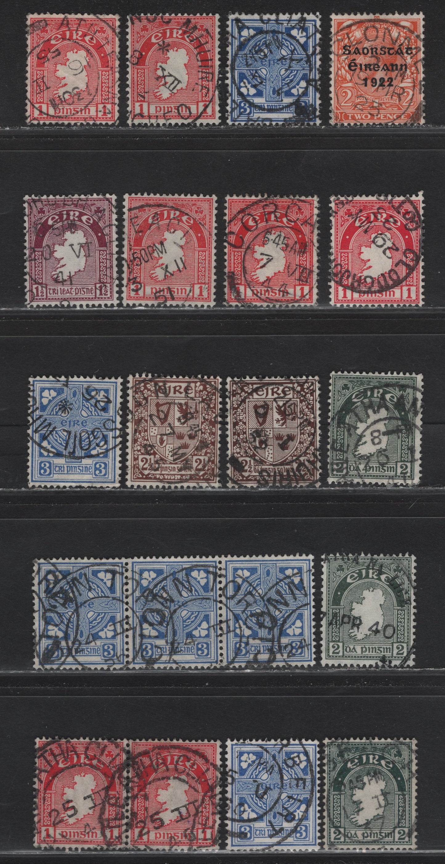 Lot 66 Ireland (C) SG#55, 72, 74, 112-113, 115-116 2d - 3d Orange - Blue Free State Overprints, 1922-1968 Irish Free State Overprints - Definitive Issues, 18 Fine/Very Fine Used Singles, Pair & Strip Of 3, SON Town Cancels, Multiple 'e' Wmk