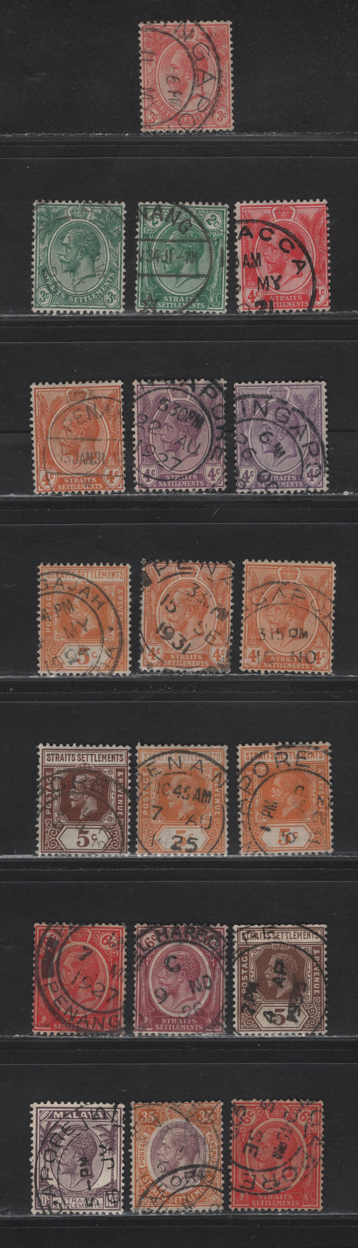 Lot 73 Straits Settlements (C) SG#196, 198, 219, 221, 223-226a, 227, 229, 236, 267   , 1912-1936 KGV Keyplate Issues, 19 Fine/Very Fine Used Singles, Singapore, Penang, Malacca & Alor Geyah, Multiple Crown CA & Script CA Wmks