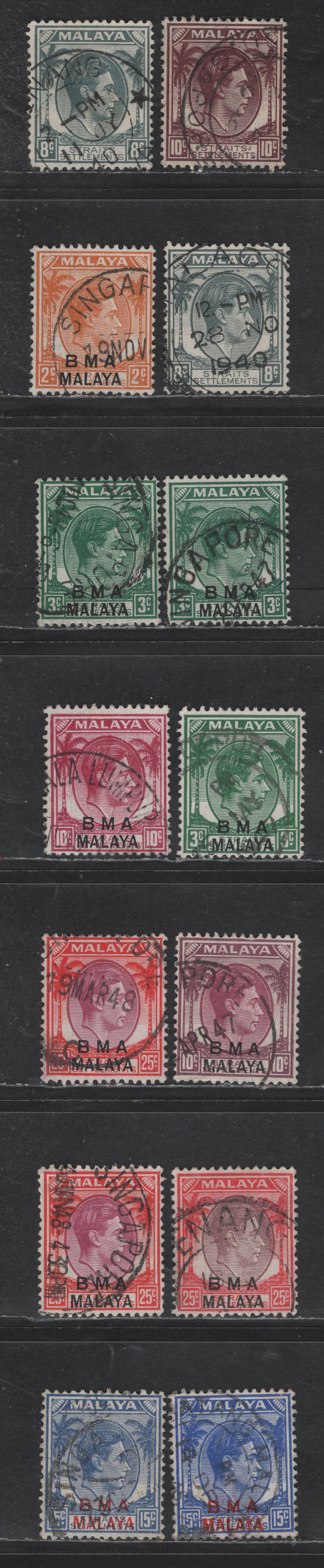 Lot 74 Straits Settlements (C) SG#283-284, 2, 4,b, 8a,c, 12a,ba, 13-a 2c - 25c  King George VI, 1938-1941 KGVI & BMA Overprinted Issues, 14 Fine/Very Fine Used Singles, With Various CDS Cancels, Includes Scarcer 15c Blue On Ordinary Paper