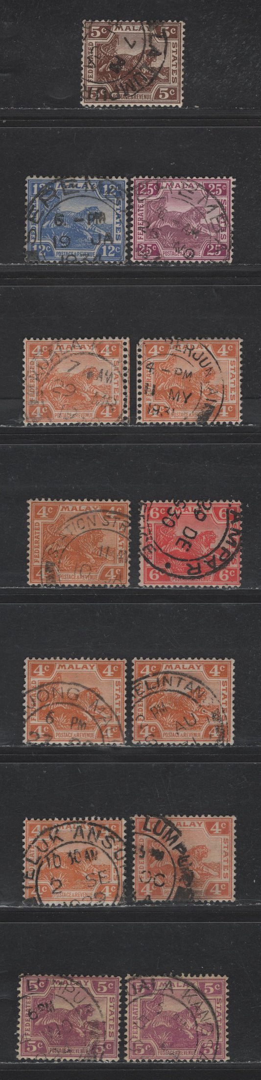 Lot 76 Federated Malay States (C) SG#60-62, 64, 68, 70   Tiger, 1922-1934 Tiger Keyplate Issue, 12 Fine/Very Fine Used Singles, CDS Town Cancels