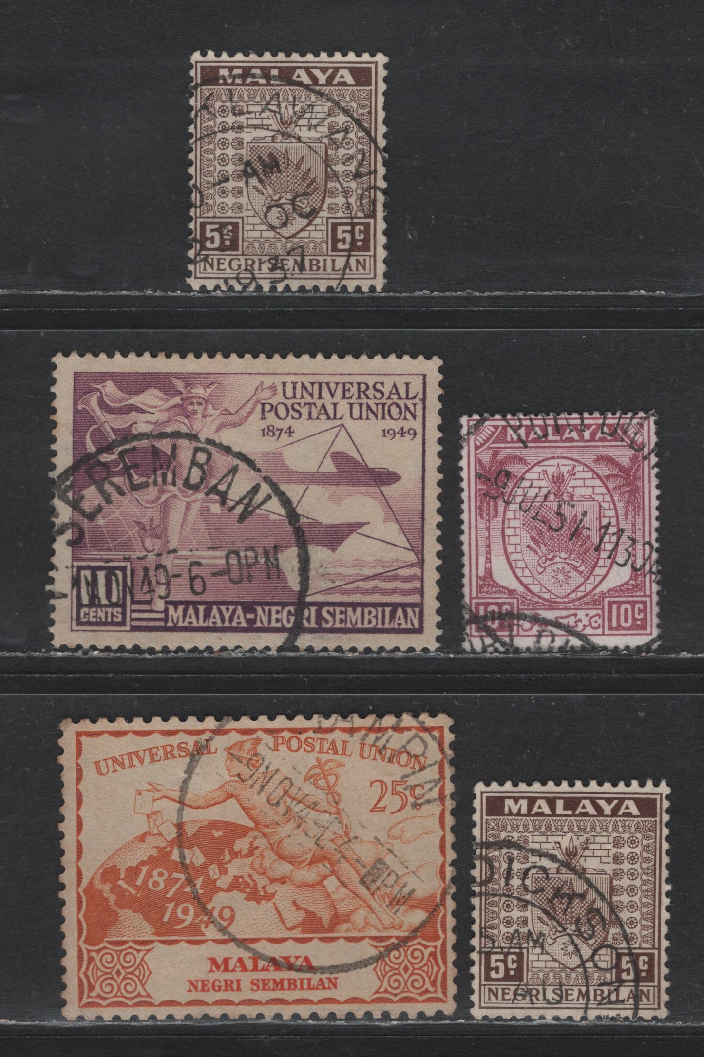 Lot 79 Malaya - Negri Sembilan (C) SG#26, 50, 63, 65 5c - 25c Brown - Orange Arms - UPU, 1935-1949 Arms Keyplate - UPU Issues, 5 Fine/Very Fine Used Singles, Smaller Town SON & Partial Strike Cancels