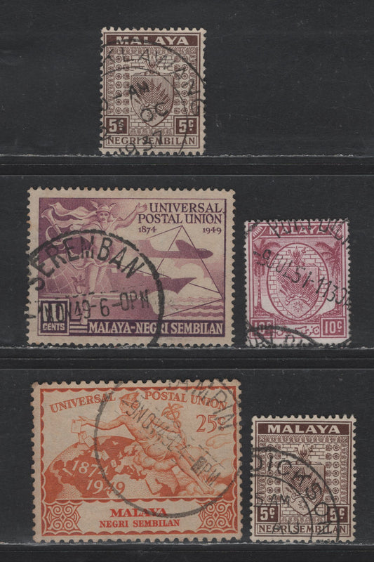 Lot 79 Malaya - Negri Sembilan (C) SG#26, 50, 63, 65 5c - 25c Brown - Orange Arms - UPU, 1935-1949 Arms Keyplate - UPU Issues, 5 Fine/Very Fine Used Singles, Smaller Town SON & Partial Strike Cancels