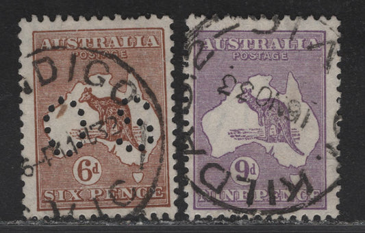Lot 8 Australia (C)  SG#O114, 133 6d - 9d Chestnut Brown - Violet Kangaroo & Map, 1929-1934 Kangaroo & Map Issue, 2 Fine Used Singles, 6d Is Perf OS, Small Multiple & C of A Wmks, August 11 1932 Bendigo & Nov 16 1933 Klda St CDS Cancels For Victoria.