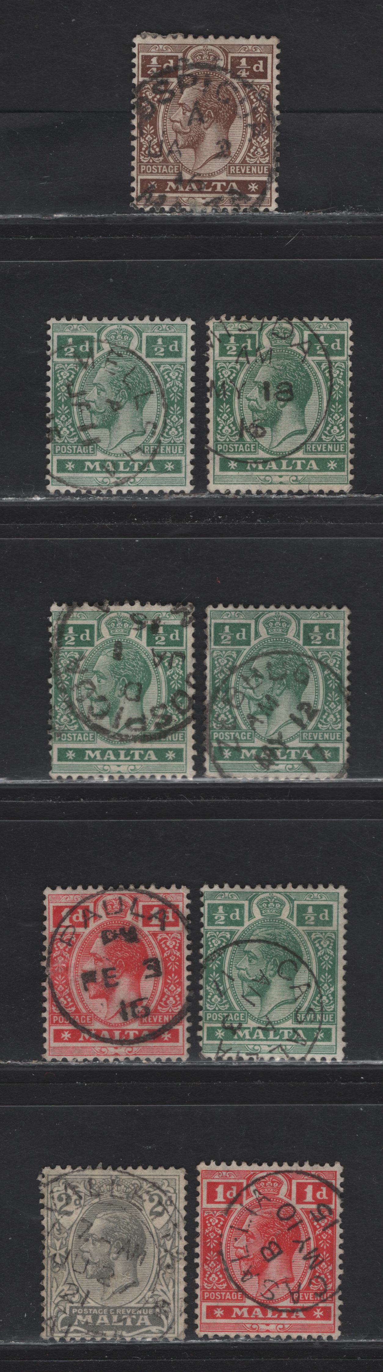 Lot 85 Malta (C)   SG#69, 71, 73, 100 1/4d - 2d Brown - Gray King George V, 1914-1922 KGV Keyplate Issue, 9 Fine/Very Fine Used Singles, All SON Town Cancels Including Cospicua, Paula, Casallia, Zebrug, Melleta, Misida & Valetta