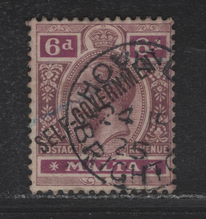 Lot 86 Malta (C)   SG#119 6d Dull & Bright Purple King George V, 1914-1922 KGV Keyplate Issue, A Very Good Used Single, Script CA Wmk, Hove, Brighton Paquebot Cancel, Vertical Crease At Lower Right, Minor Toning.