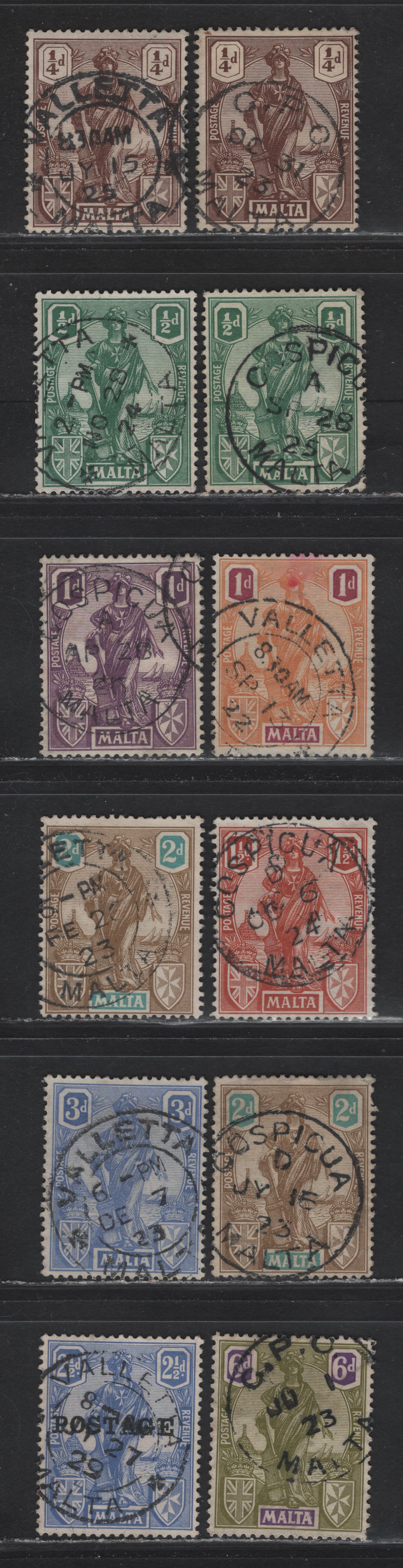 Lot 87 Malta (C) SG#123-128, 130, 133, 148 1/4d - 6d Brown - Olive Green & Reddish Violet Allegorical Figure, 1922-1926 Allegorical Figure Issue, 11 Fine/Very Fine Used Singles, SON Town Cancels Including Cospicua, Valette & GPO Malta