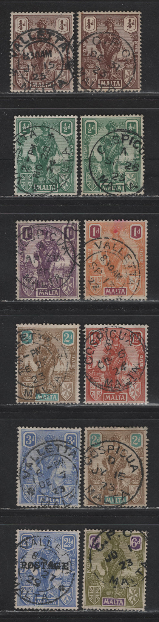 Lot 87 Malta (C) SG#123-128, 130, 133, 148 1/4d - 6d Brown - Olive Green & Reddish Violet Allegorical Figure, 1922-1926 Allegorical Figure Issue, 11 Fine/Very Fine Used Singles, SON Town Cancels Including Cospicua, Valette & GPO Malta