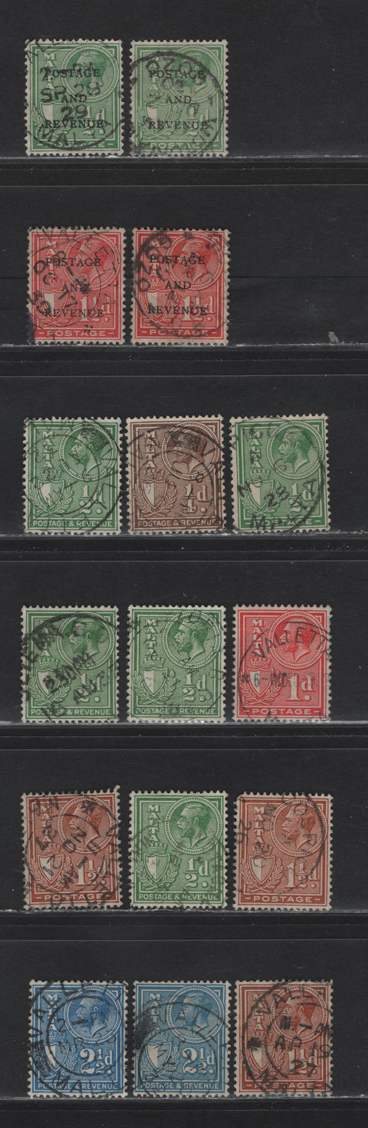 Lot 88 Malta  (C)  SG#158-160, 175, 178-179, 193-194, 198 1/4d - 2.5d Brown - Blue , 1926-1930 King George V Coat of Arms Keyplate Issue, 16 Fine/Very Fine Used Singles, SON Town Cancels Including Valetta, Cospicua, Victoria & Notagill